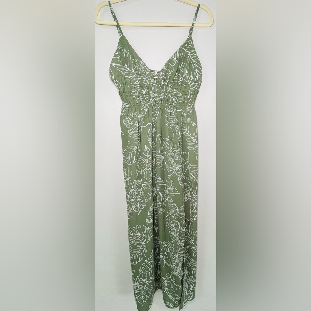 Olive Green Leaf Print Maxi Dress